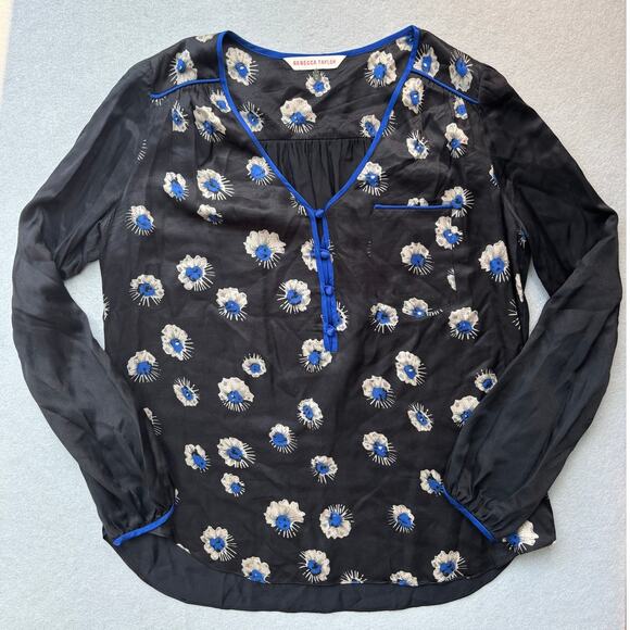 Rebecca Taylor blouse Women's 2 Black Cobalt Starflower Floral Silk Boho Peasant - Picture 2 of 8